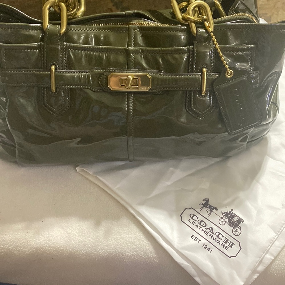 Coach Olive Green Patent Leather Shoulder Bag with Gold Hardware